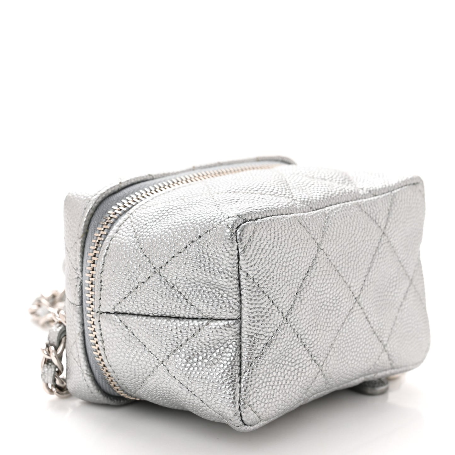 Metallic Caviar Quilted Mini Top Handle Vanity With Chain Silver