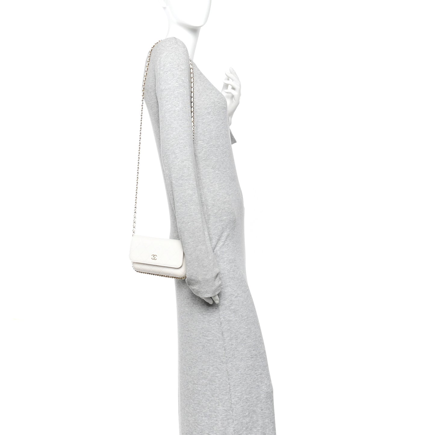 Calfskin Diamond Stitched Chain Around Flap Phone Holder White