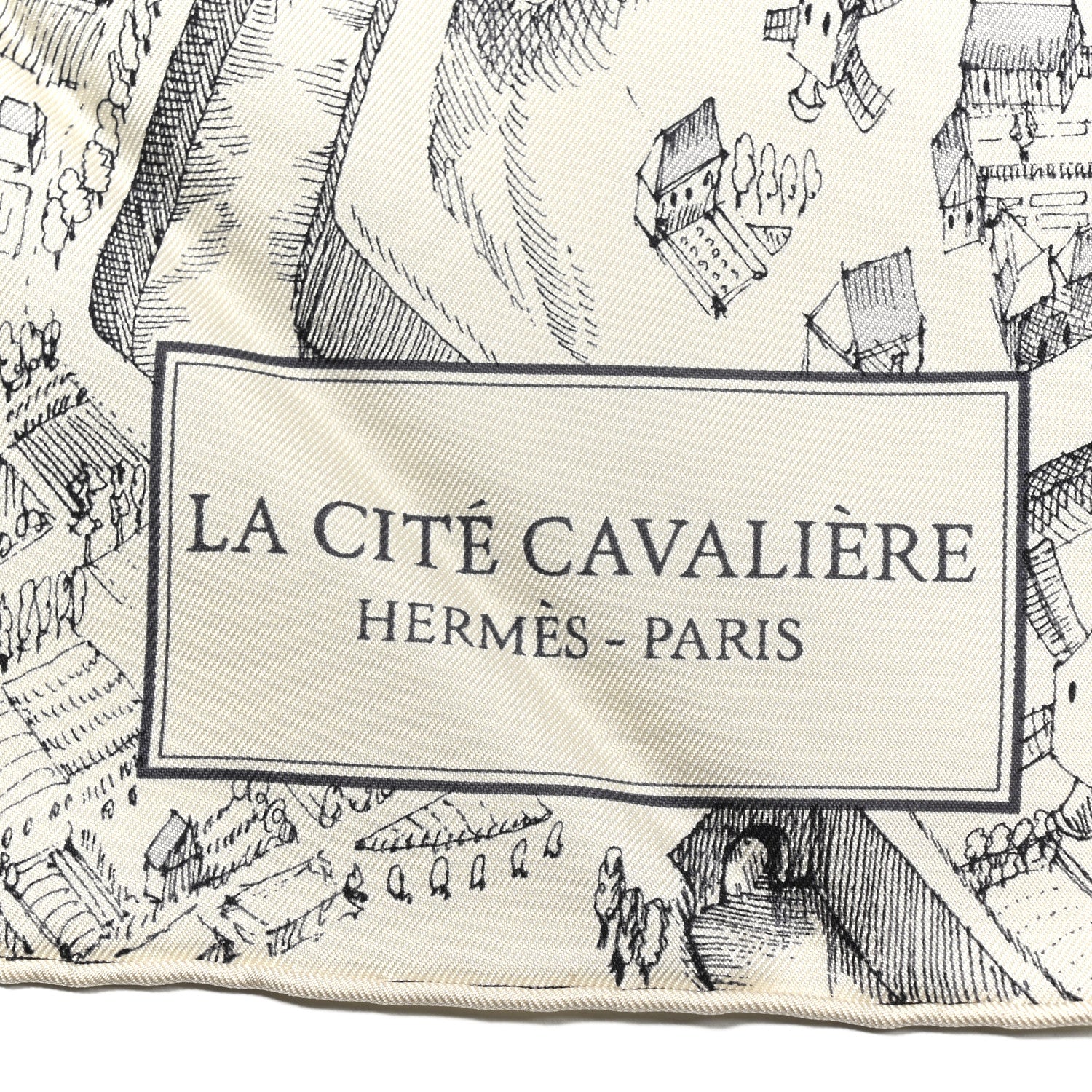 Hermes Silk Twill La Cite Cavaliere Scarf 90 Ivorie Anthracite