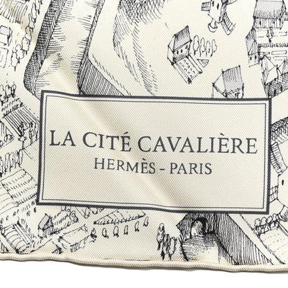 Hermes Silk Twill La Cite Cavaliere Scarf 90 Ivorie Anthracite 2 of 3