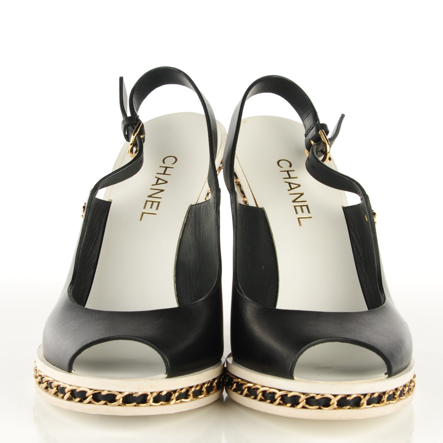 Leather Chain Slingback Wedge Sandals 39 Black