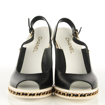 Chanel Leather Chain Slingback Wedge Sandals 39 Black 2 of 8