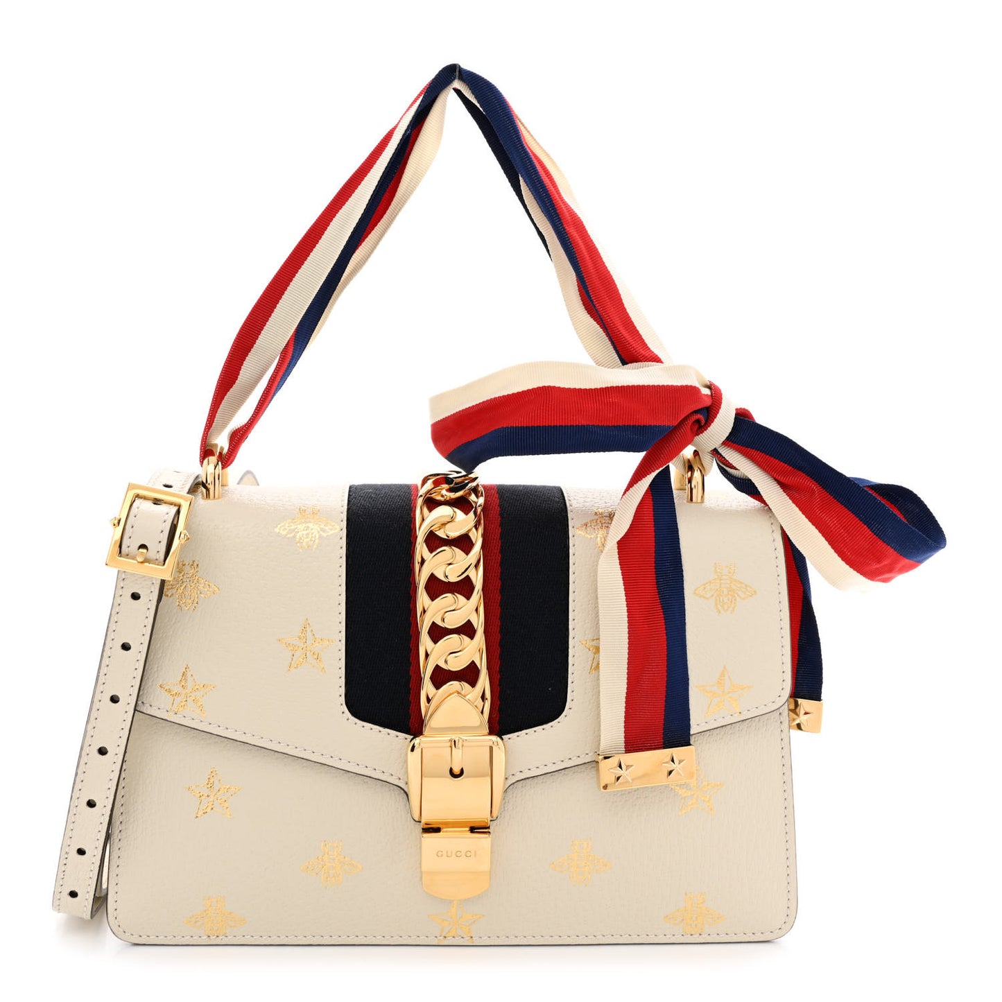Textured Calfskin Bee Star Print Small Sylvie Shoulder Bag Mystic White