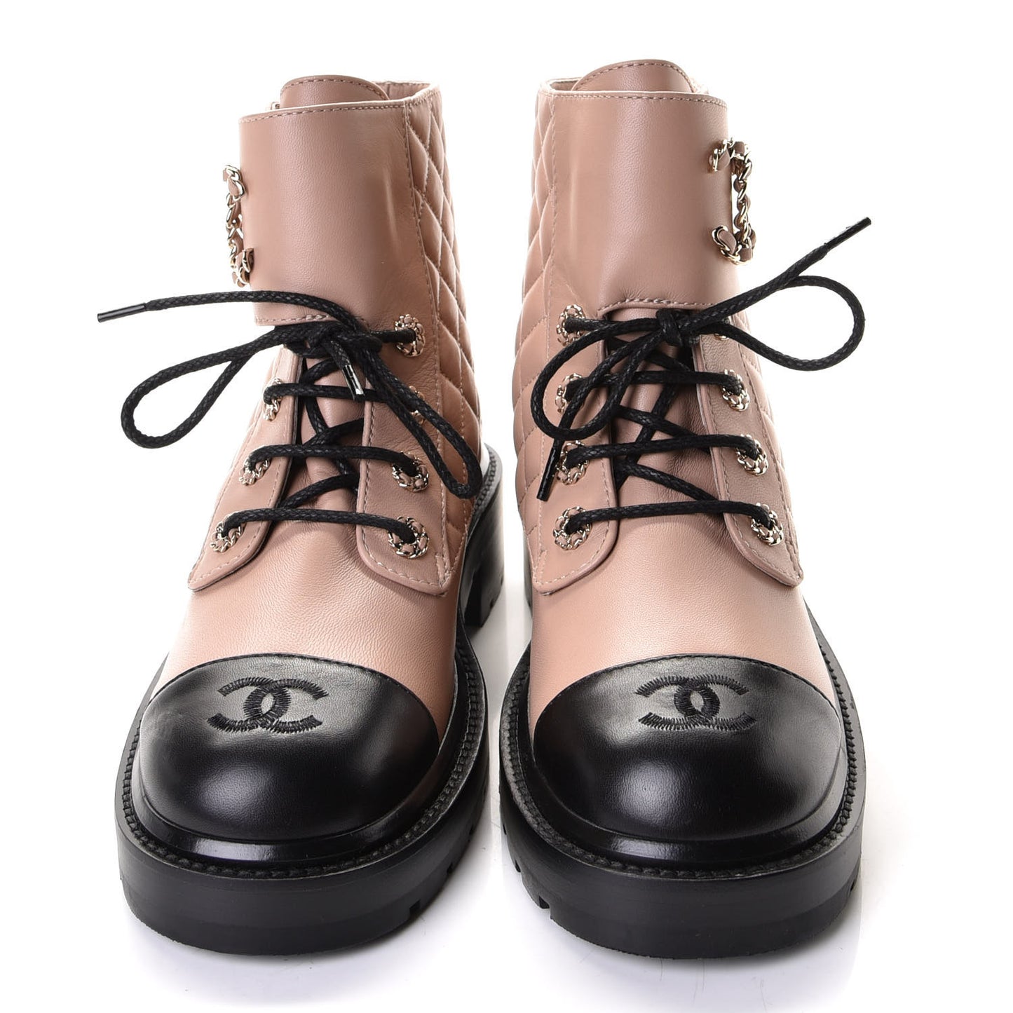 Shiny Lambskin Quilted Lace Up Combat Boots 39 Beige Black