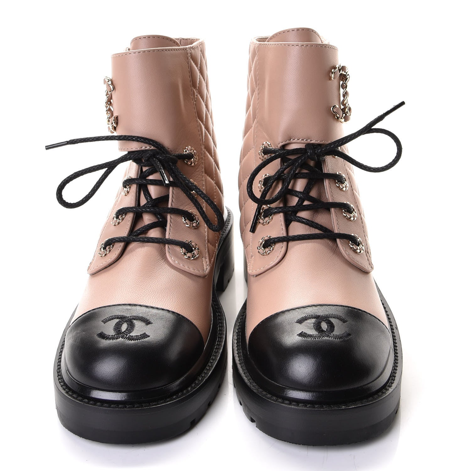 Chanel Shiny Lambskin Quilted Lace Up Combat Boots 39 Beige Black 2 of 8