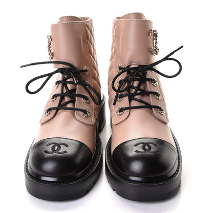 Chanel Shiny Lambskin Quilted Lace Up Combat Boots 39 Beige Black 2 of 8