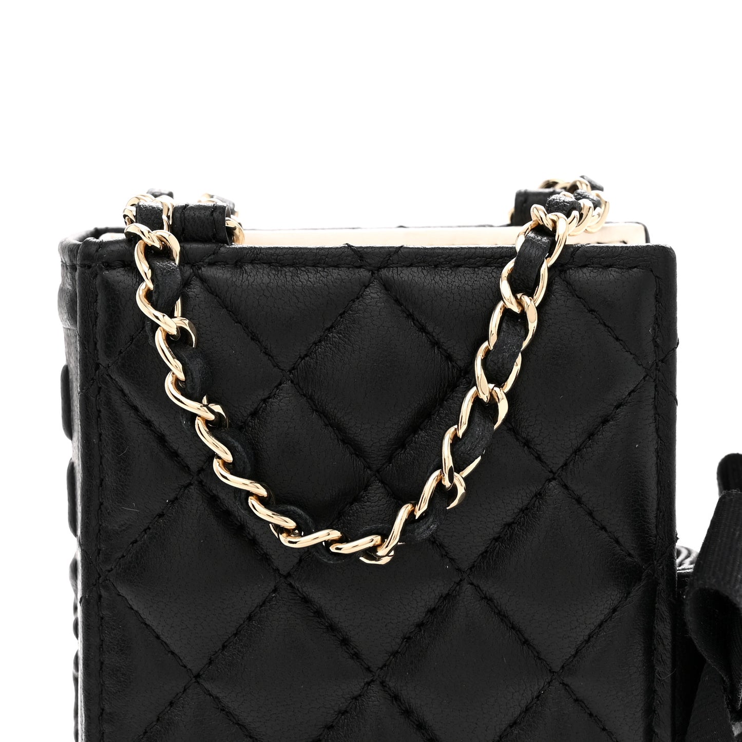 Lambskin Quilted Book Card Holder on Chain Black