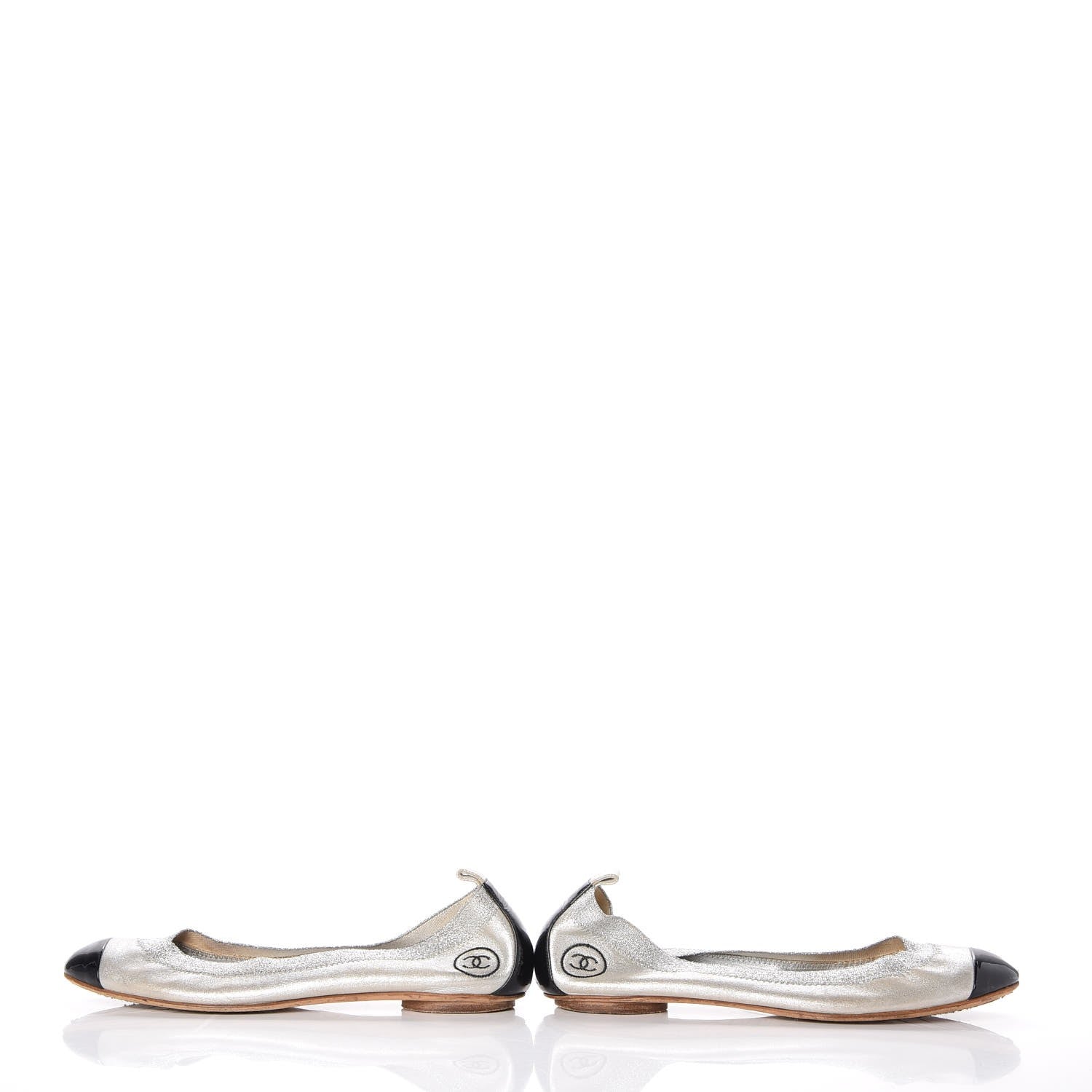 Chanel Metallic Lambskin Patent CC Cap Toe Ballerina Flats 40 Silver Black 6 of 11