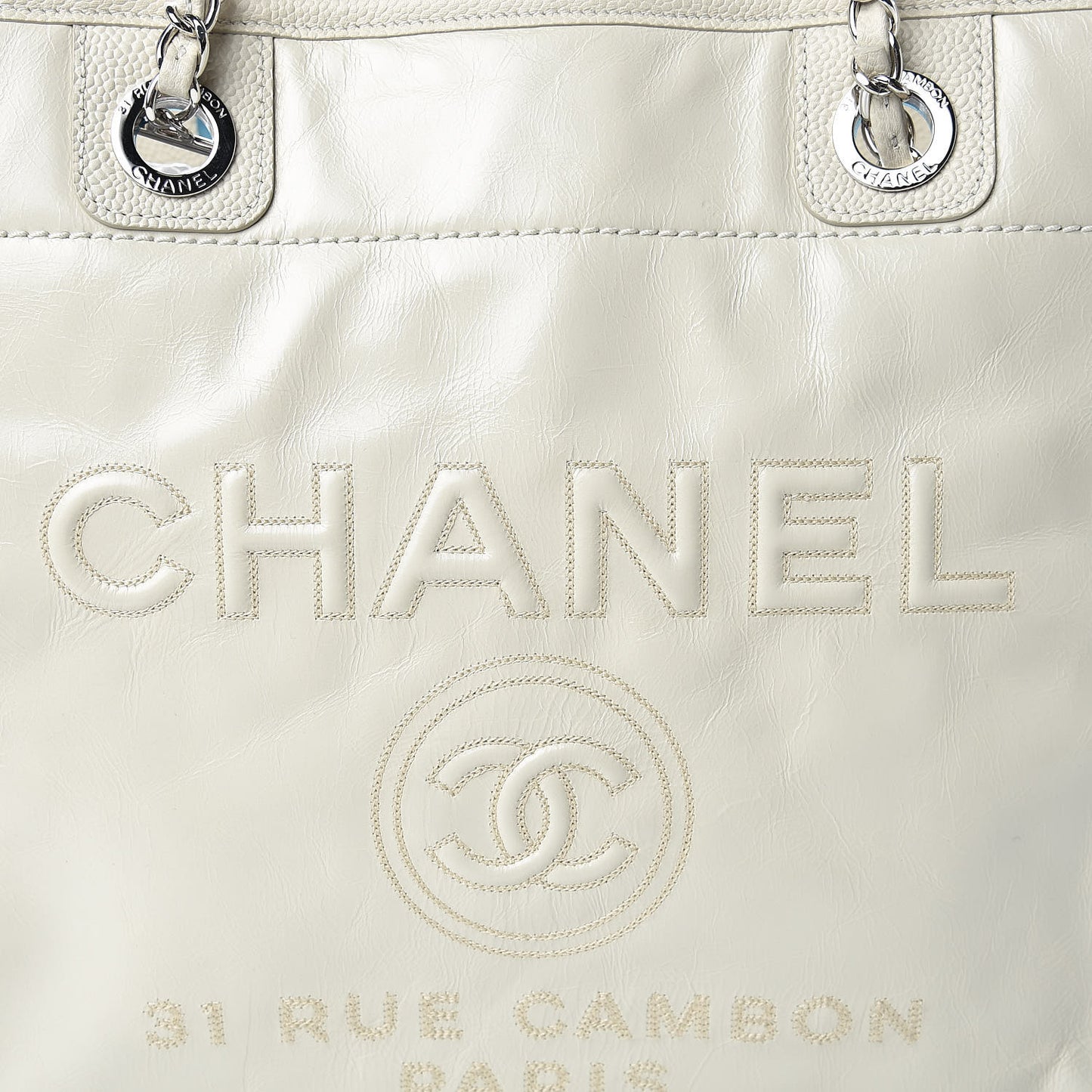 Glazed Calfskin Small Deauville Tote Ecru