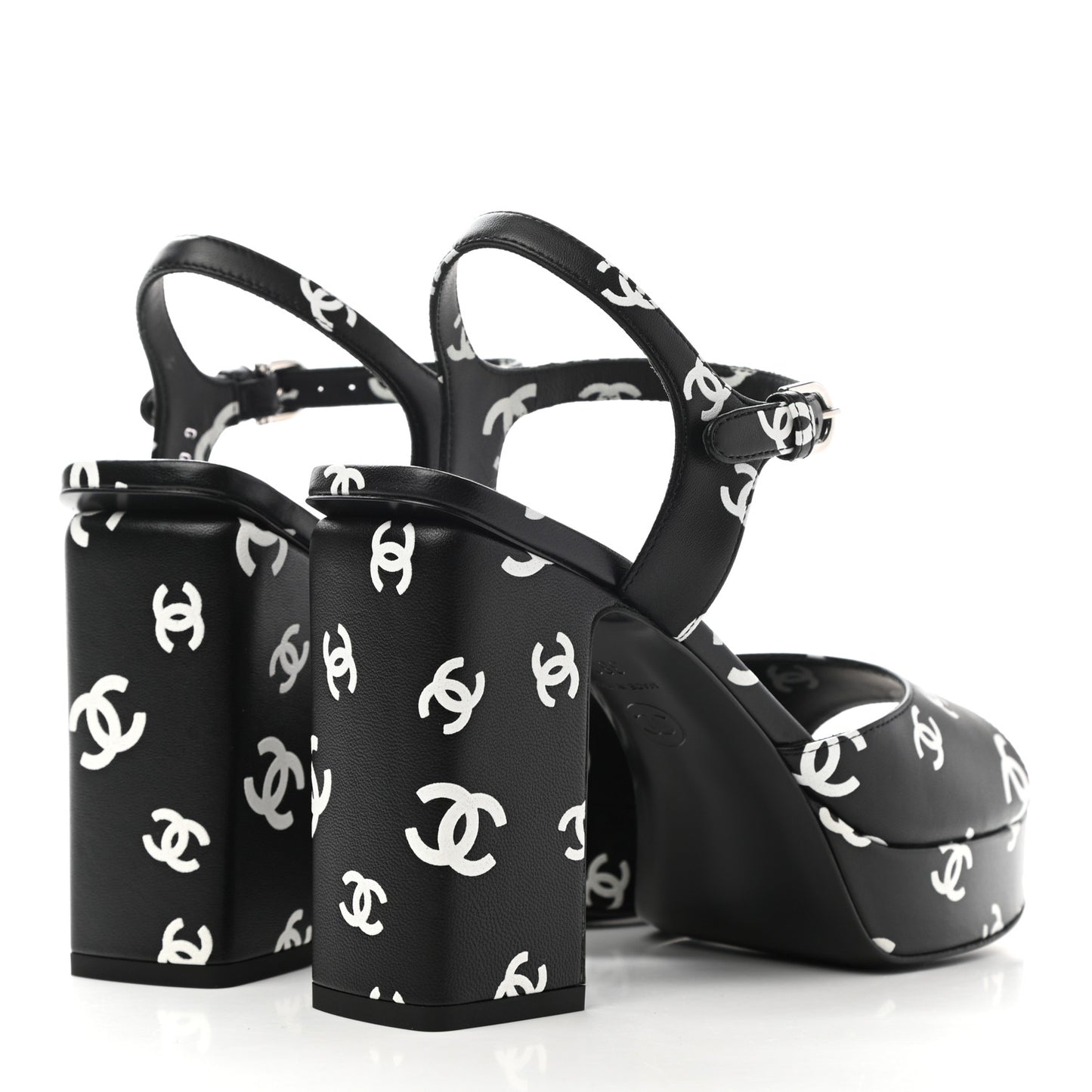 Printed Lambskin CC Platform Sandals 38 Black White