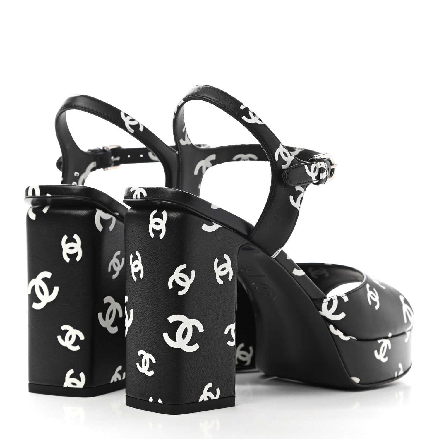 Chanel Printed Lambskin CC Platform Sandals 38 Black White 4 of 12