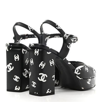 Chanel Printed Lambskin CC Platform Sandals 38 Black White 4 of 12
