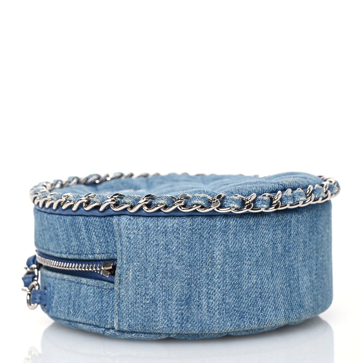 Denim Quilted Round Clutch With Chain Blue