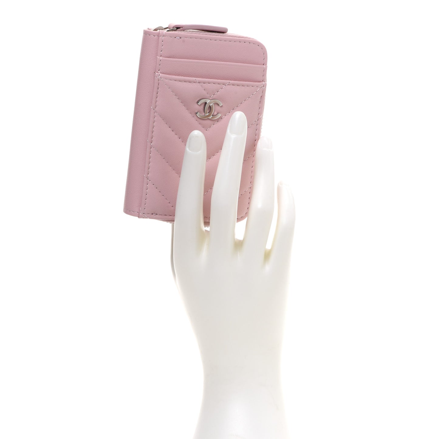 Lambskin Chevron Quilted Zip Card Holder Pink