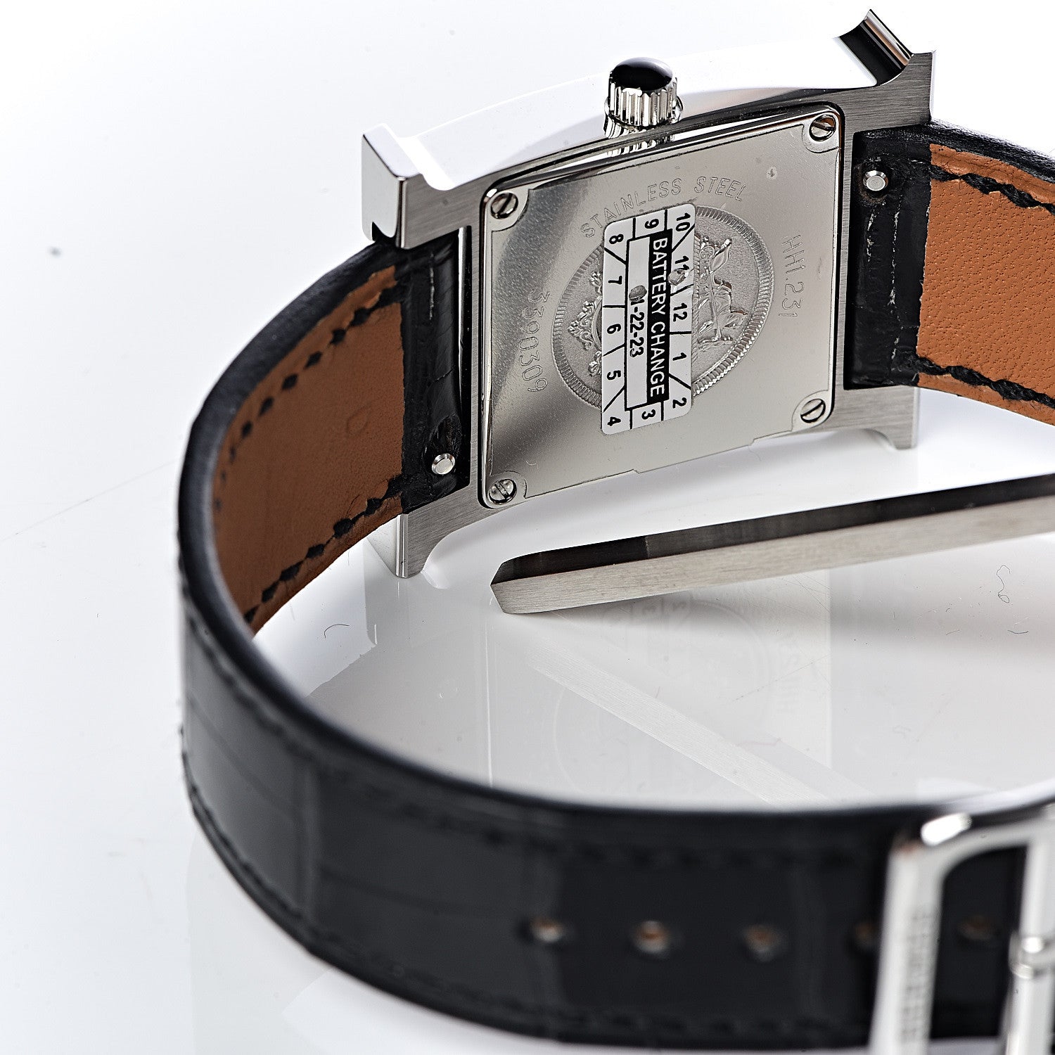 Hermes Stainless Steel Alligator Diamond Lacquer 21mm Heure H Hour Double Jeu Quartz Watch Noir 9 of 10