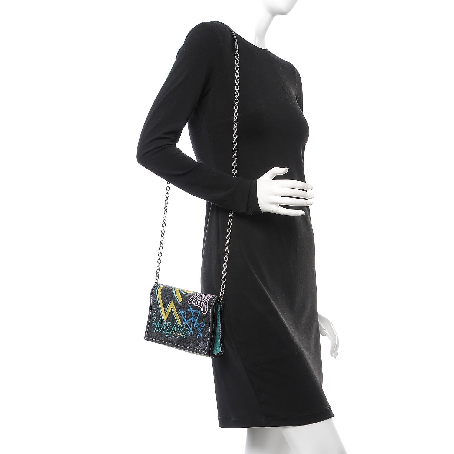 Balenciaga Agneau Arena Graffiti All Over Bazar Chain Shoulder Bag Black Multicolor 2 of 6