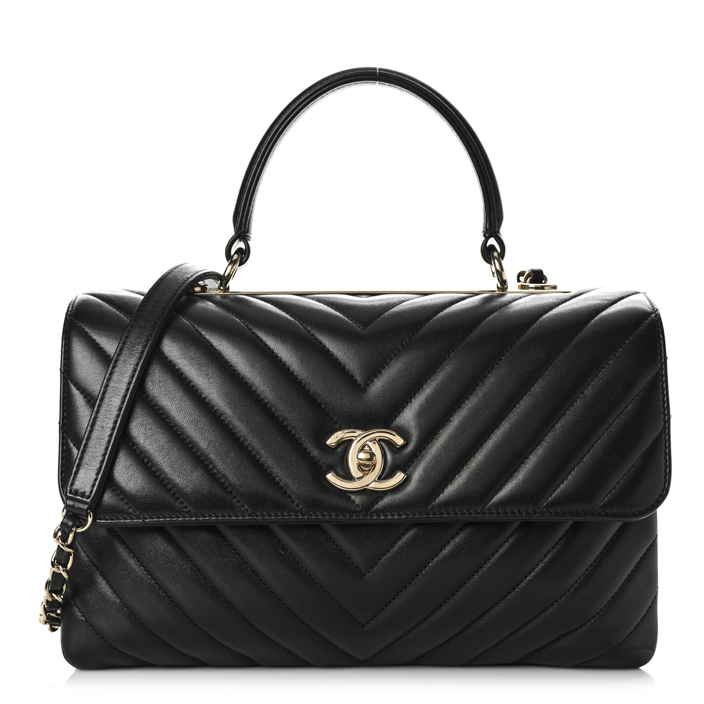 Lambskin Chevron Quilted Medium Trendy CC Dual Handle Flap Bag Black
