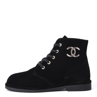 Chanel Velvet CC Lace Up Boots 36.5 Black 1 of 9