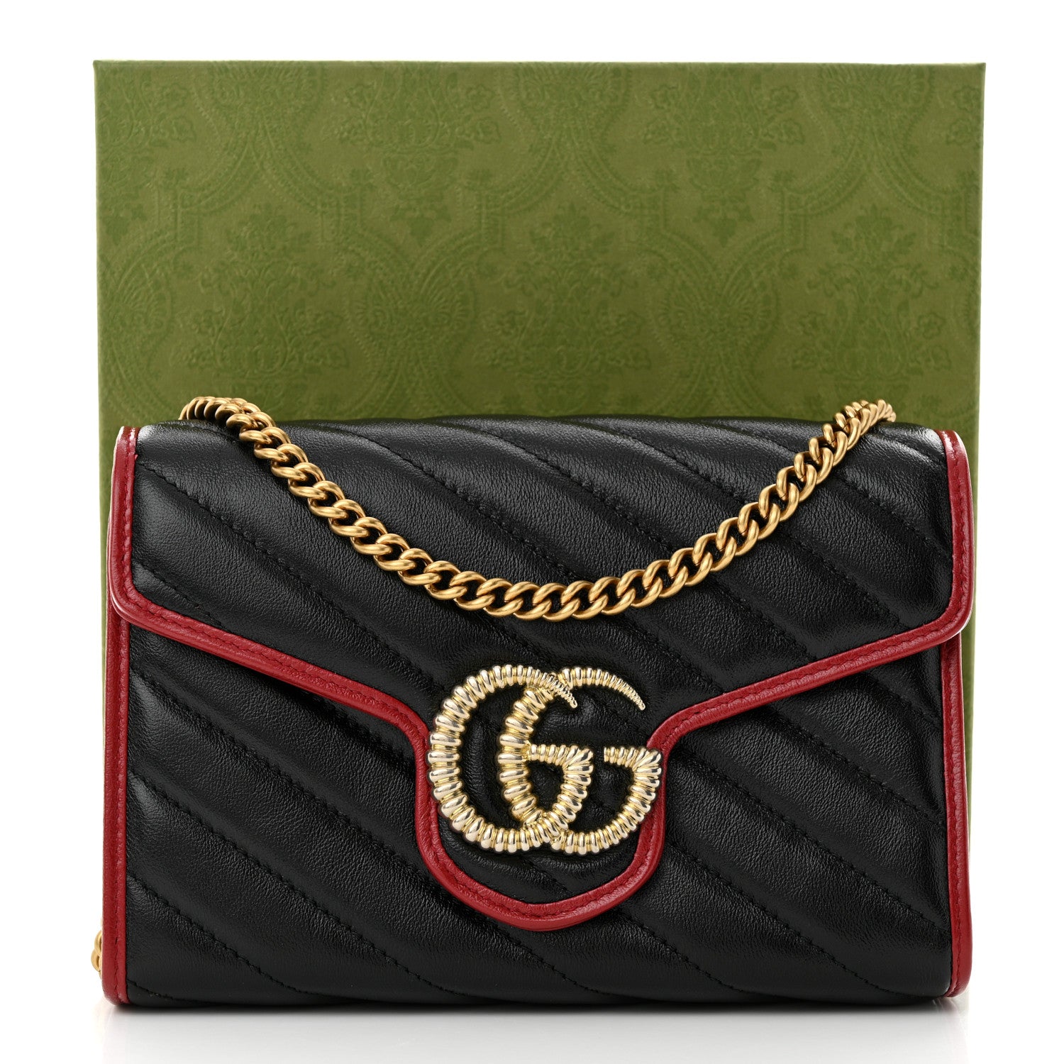 Gucci Vintage Effect Calfskin Matelasse Diagonal Torchon GG Marmont Chain Wallet Black Romantic Cherry 11 of 11