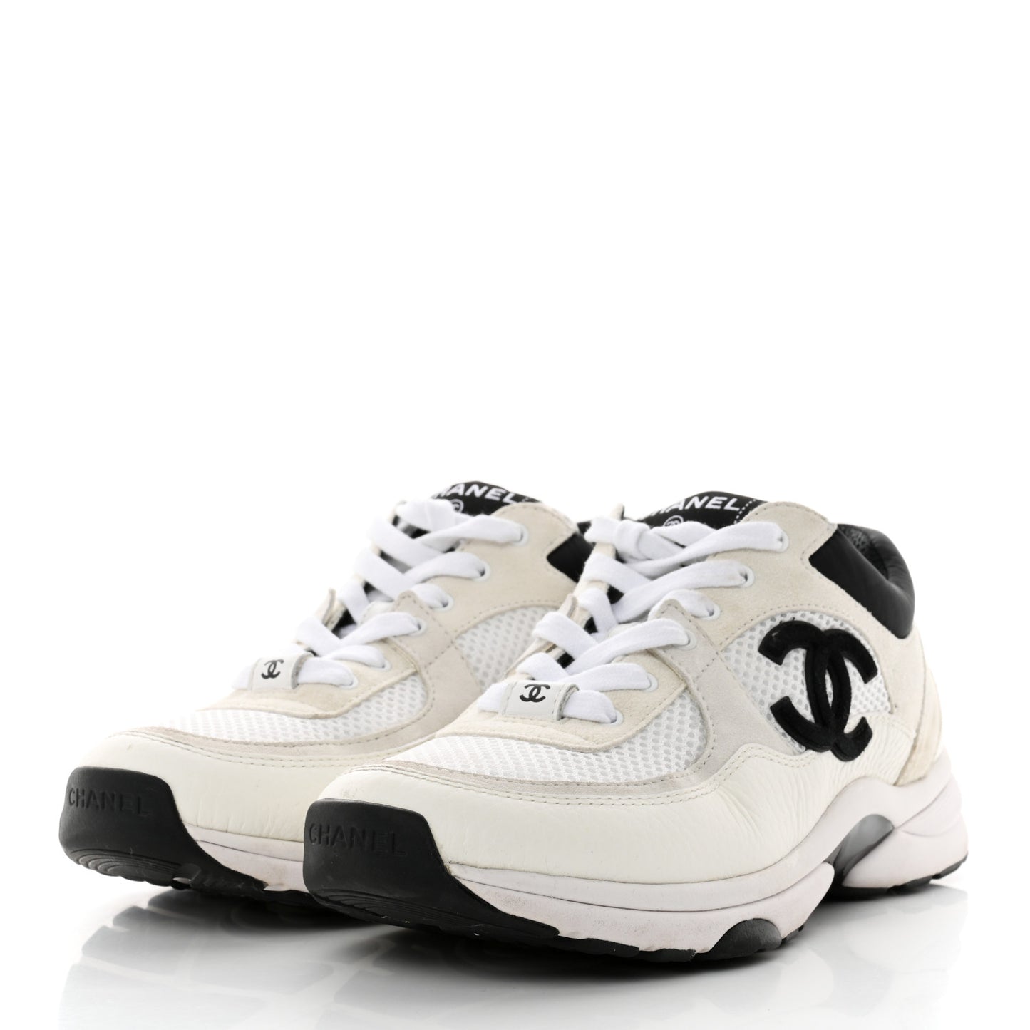 Mesh Suede Calfskin Grained Calfskin Womens CC Sneakers 37.5 White Black