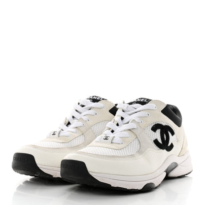 Chanel Mesh Suede Calfskin Grained Calfskin Womens CC Sneakers 37.5 White Black 3 of 8