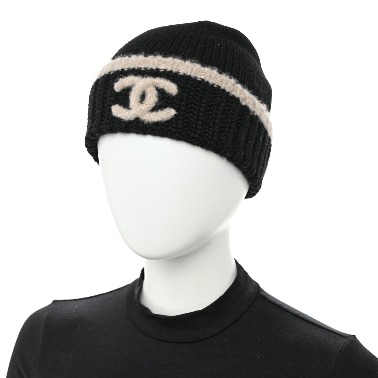 Cashmere Wool Silk CC Beanie Hat Black Light Beige