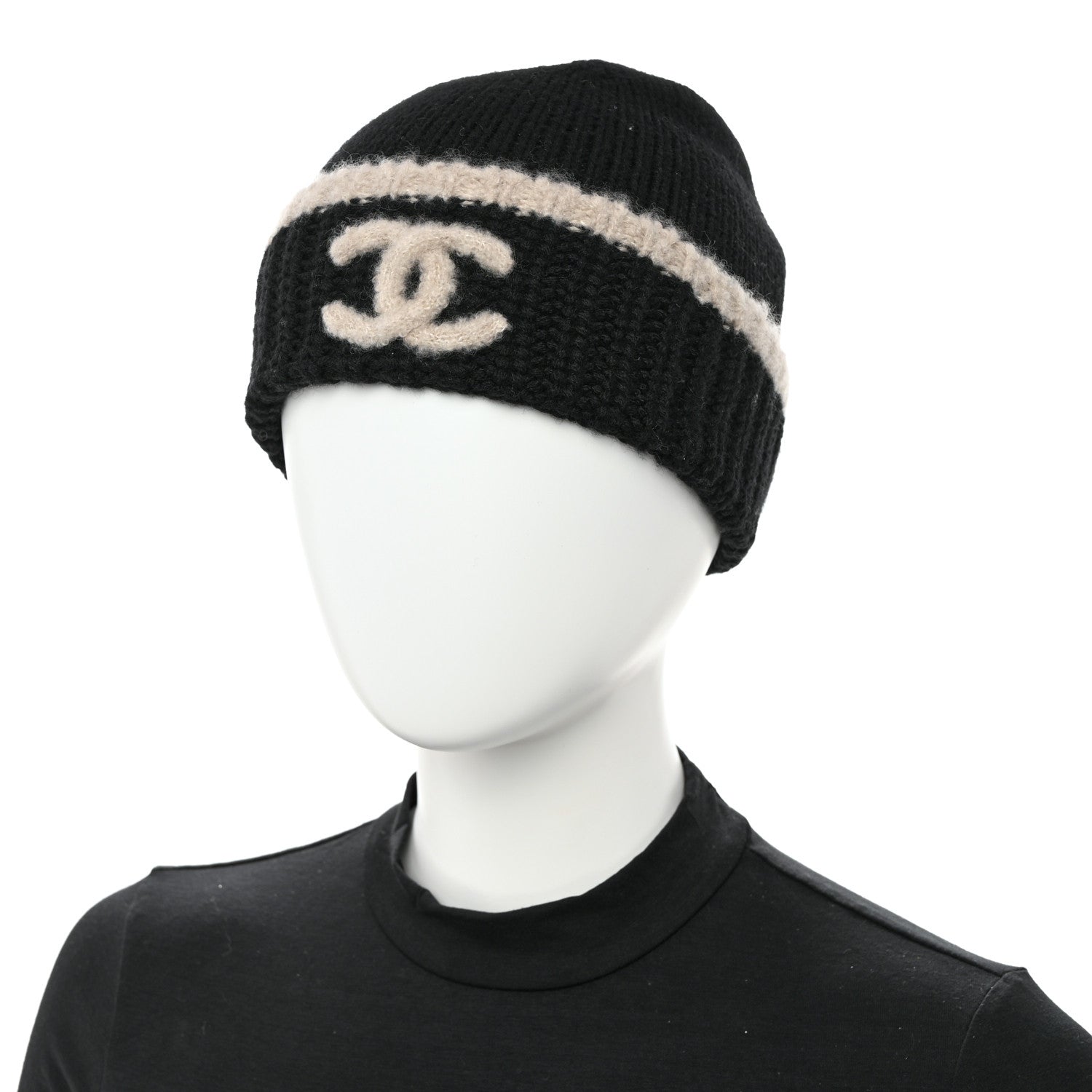 Chanel Cashmere Wool Silk CC Beanie Hat Black Light Beige 2 of 8