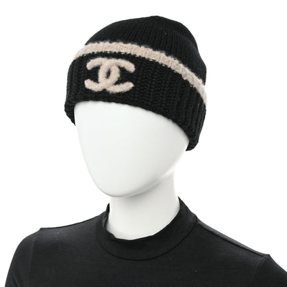 Chanel Cashmere Wool Silk CC Beanie Hat Black Light Beige 2 of 8