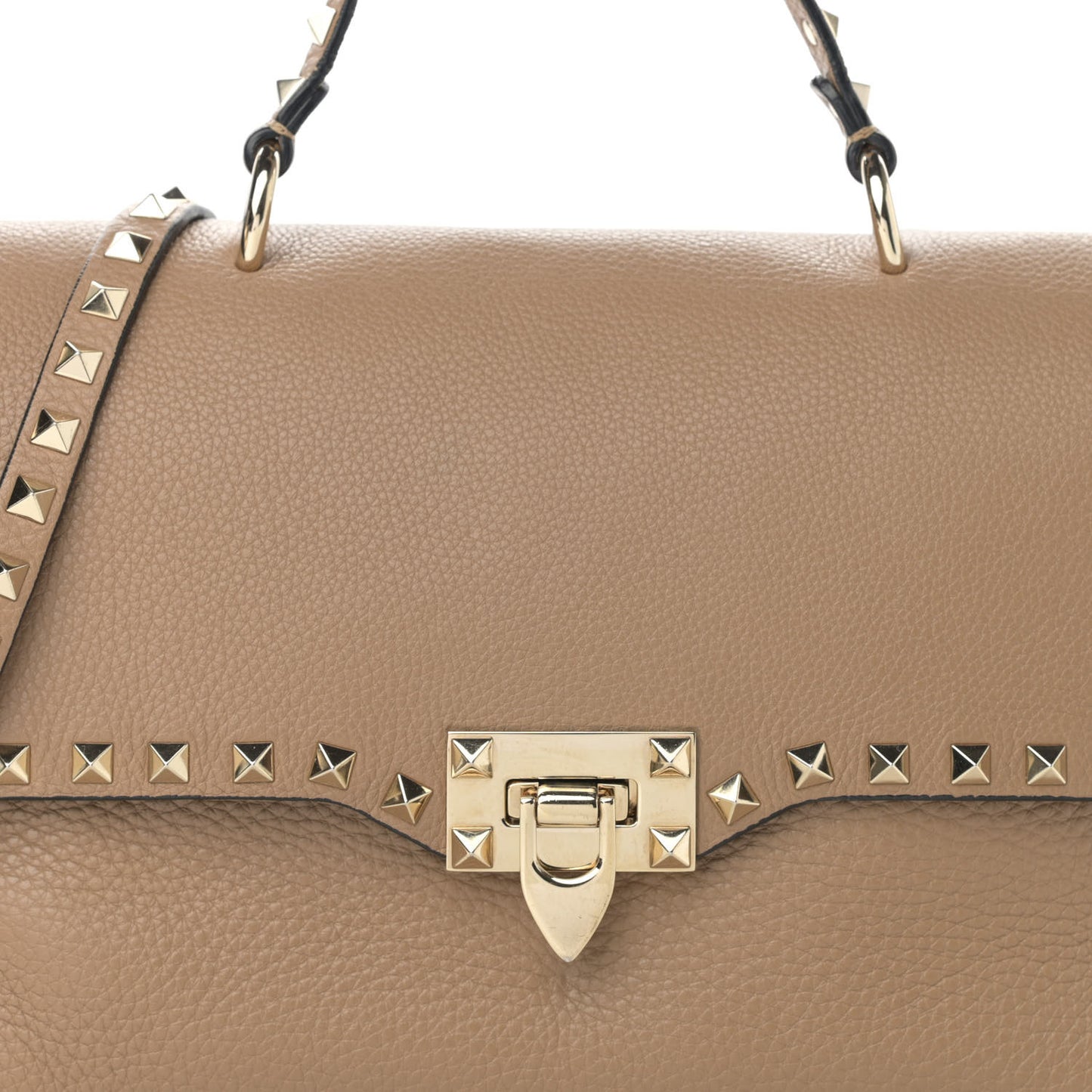 Pebbled Calfskin Rockstud Single Handle Flap Bag Beige