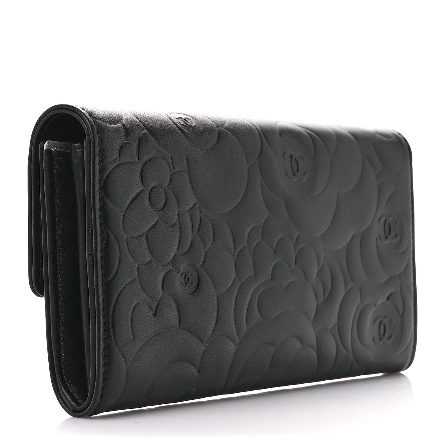 Lambskin Camellia Embossed Large Flap Wallet Black