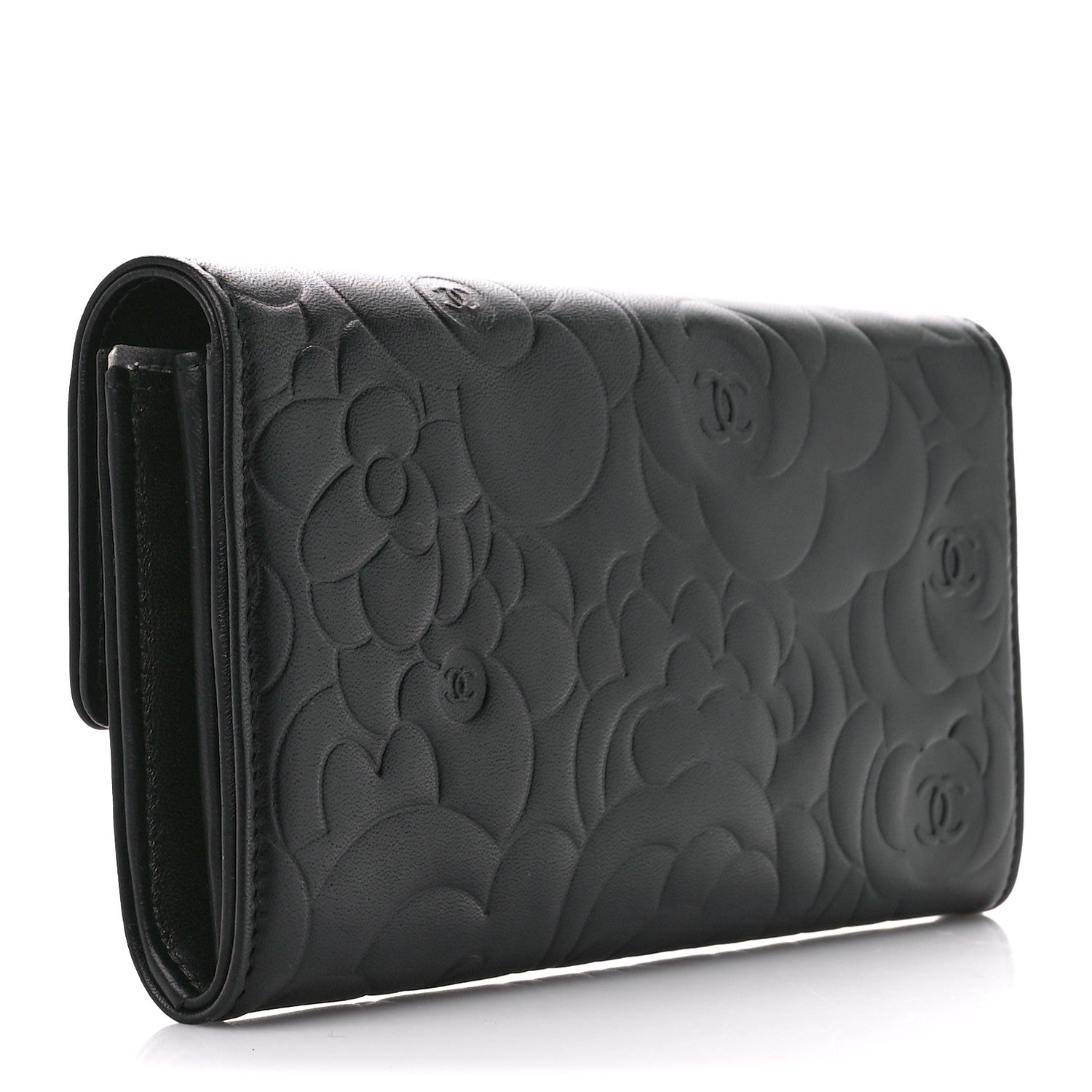 Chanel Lambskin Camellia Embossed Large Flap Wallet Black 3 of 13