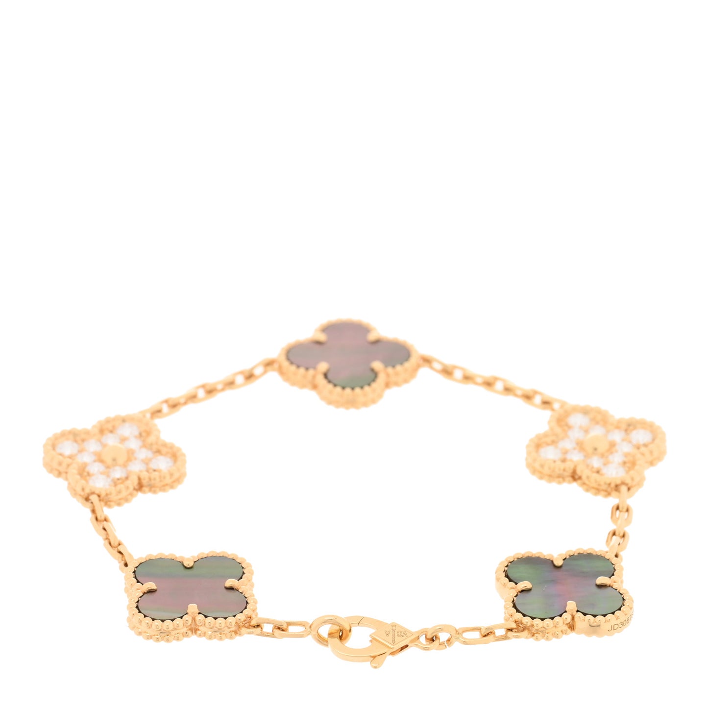 18K Yellow Gold Diamond Gray Mother of Pearl 5 Motifs Vintage Alhambra Bracelet