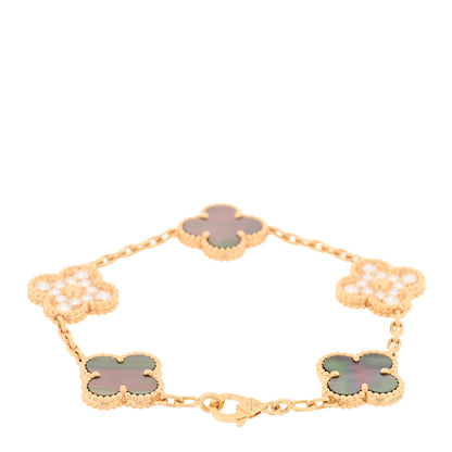 Van Cleef & Arpels 18K Yellow Gold Diamond Gray Mother of Pearl 5 Motifs Vintage Alhambra Bracelet 2 of 4