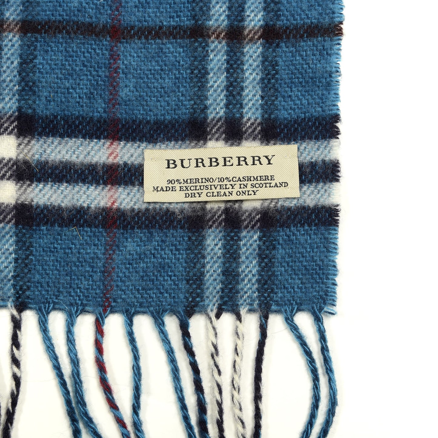 Merino Wool Cashmere Vintage Check Fringe Scarf Blue