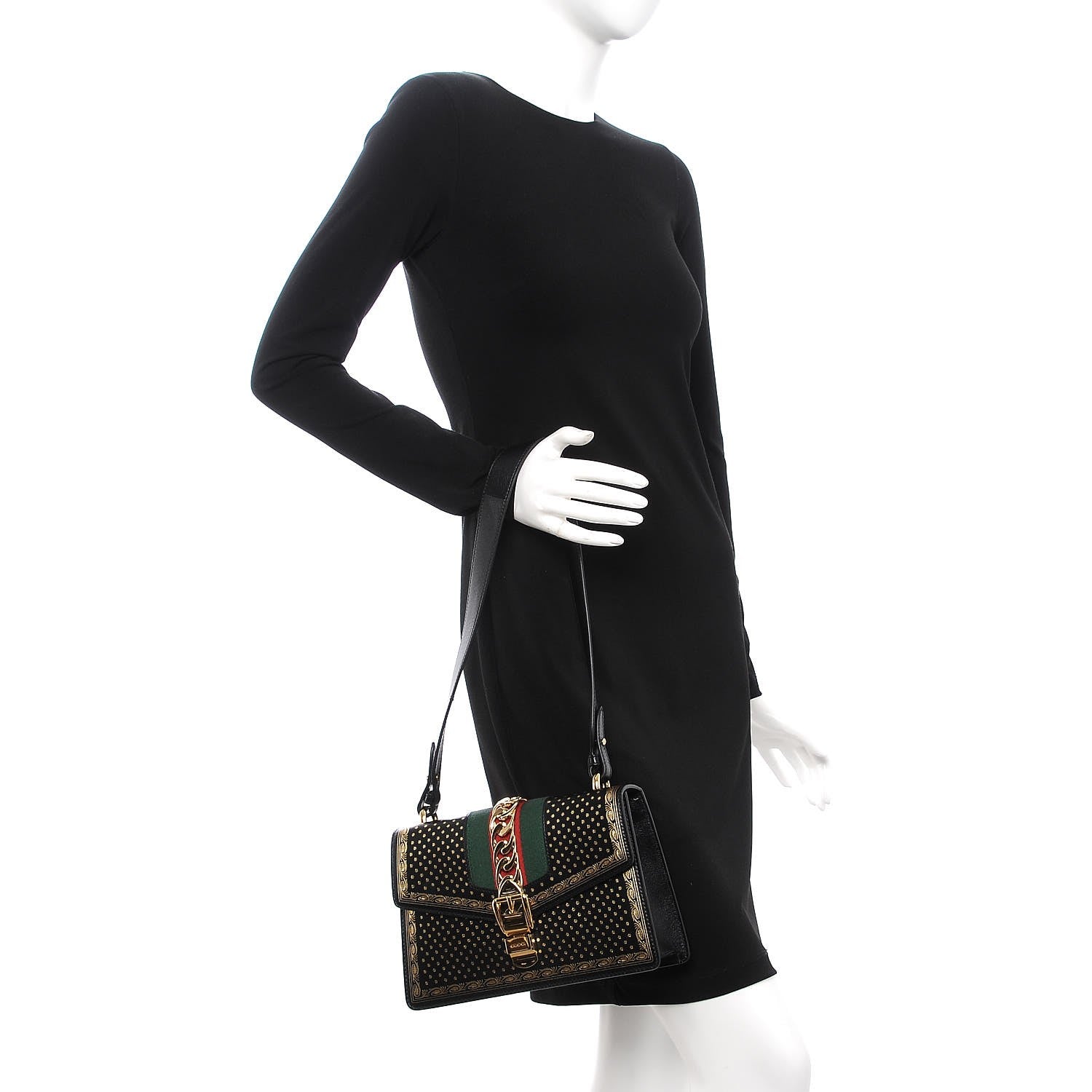 Gucci Calfskin Star Printed Small Sylvie Shoulder Bag Gold Black 3 of 8