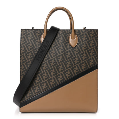 Fendi Glazed Fabric Vitello Cover FF 1974 Diagonal Bi-Color Vertical Tote Tobacco Moro Sand Black 1 of 10