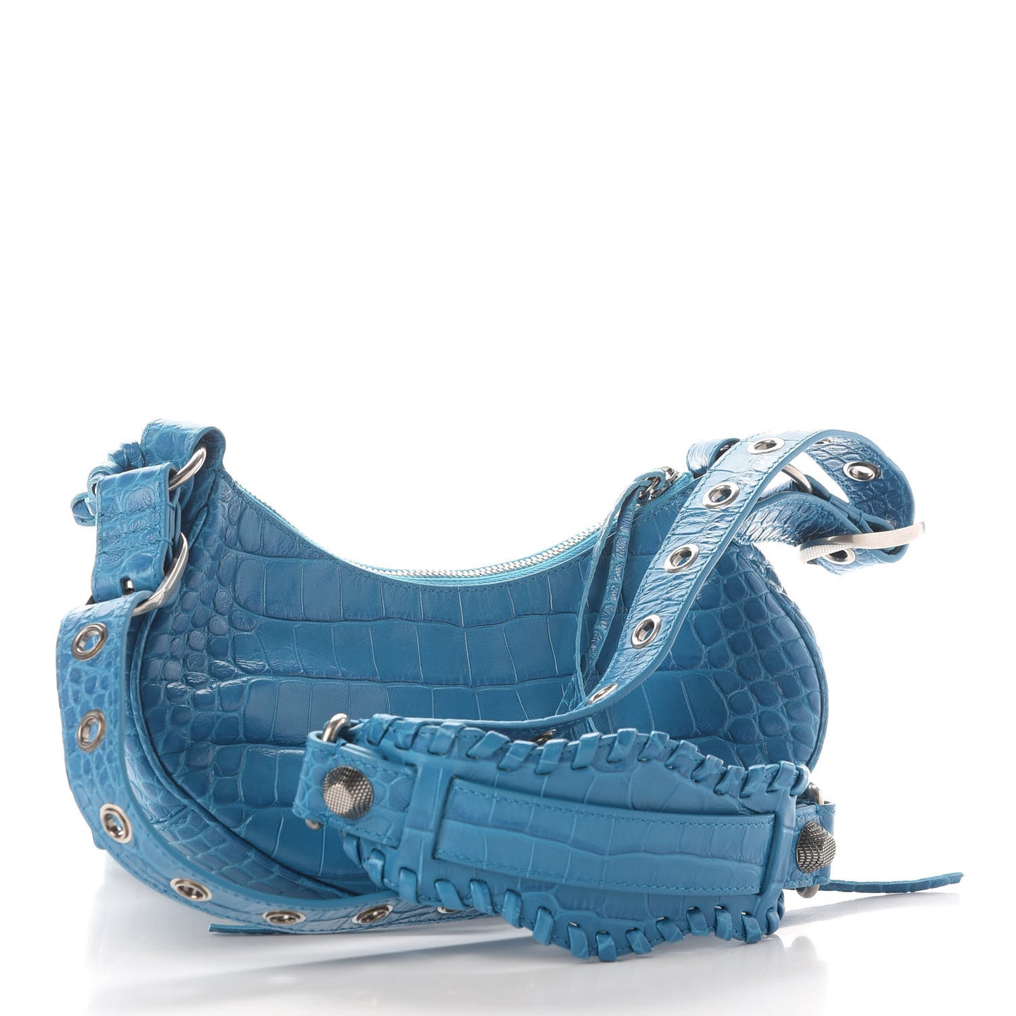 Extra Supple Calfskin Crocodile Embossed Le Cagole Shoulder Bag XS Turquoise