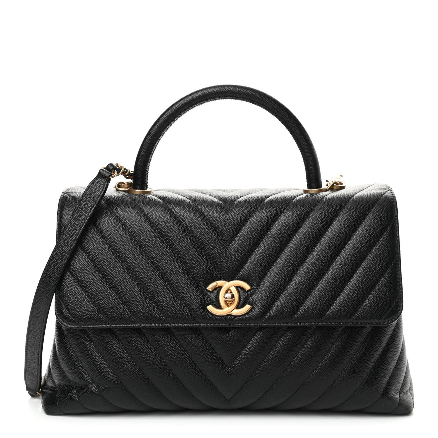Caviar Chevron Quilted Medium Coco Handle Flap Black