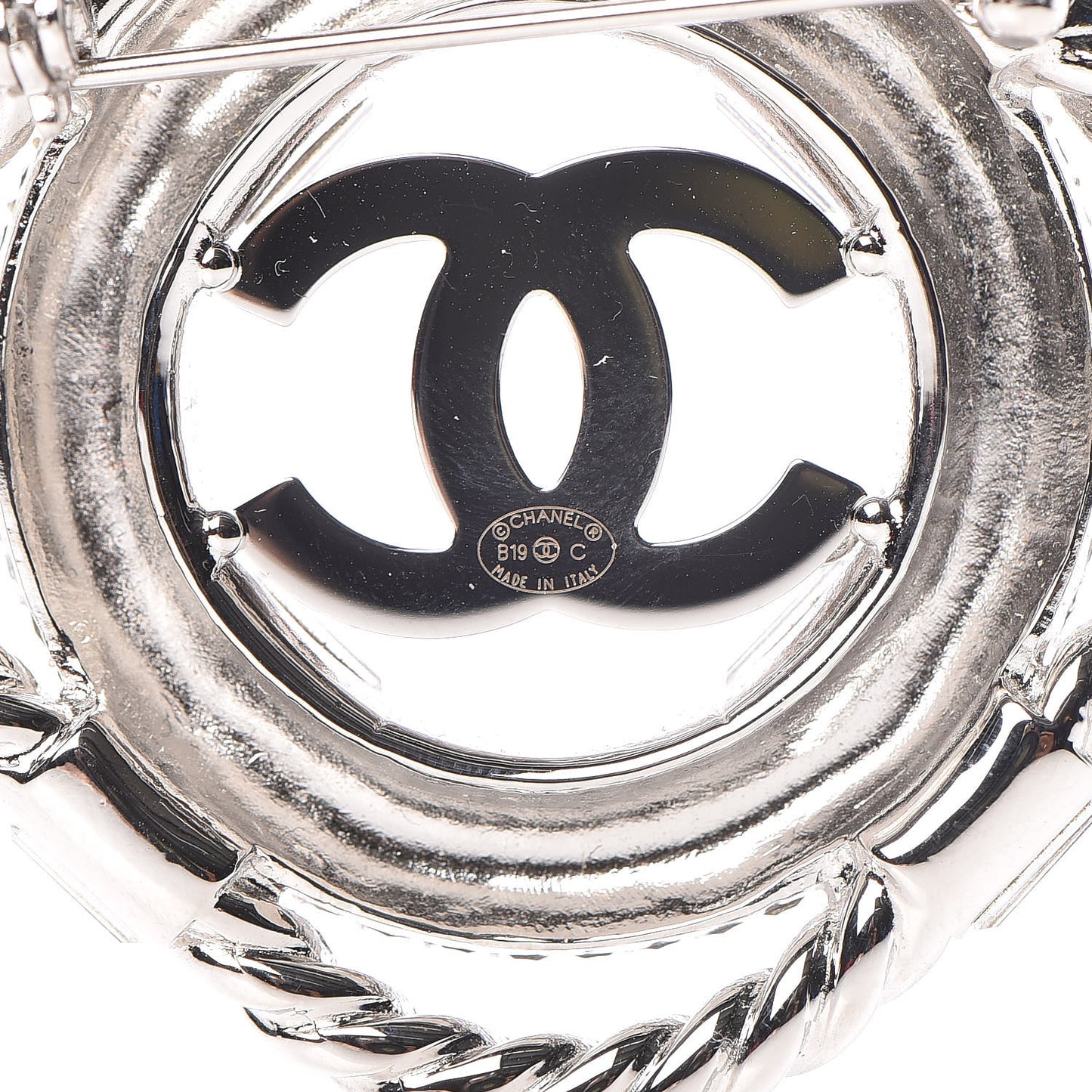 Crystal CC Lifesaver Pin Brooch Silver