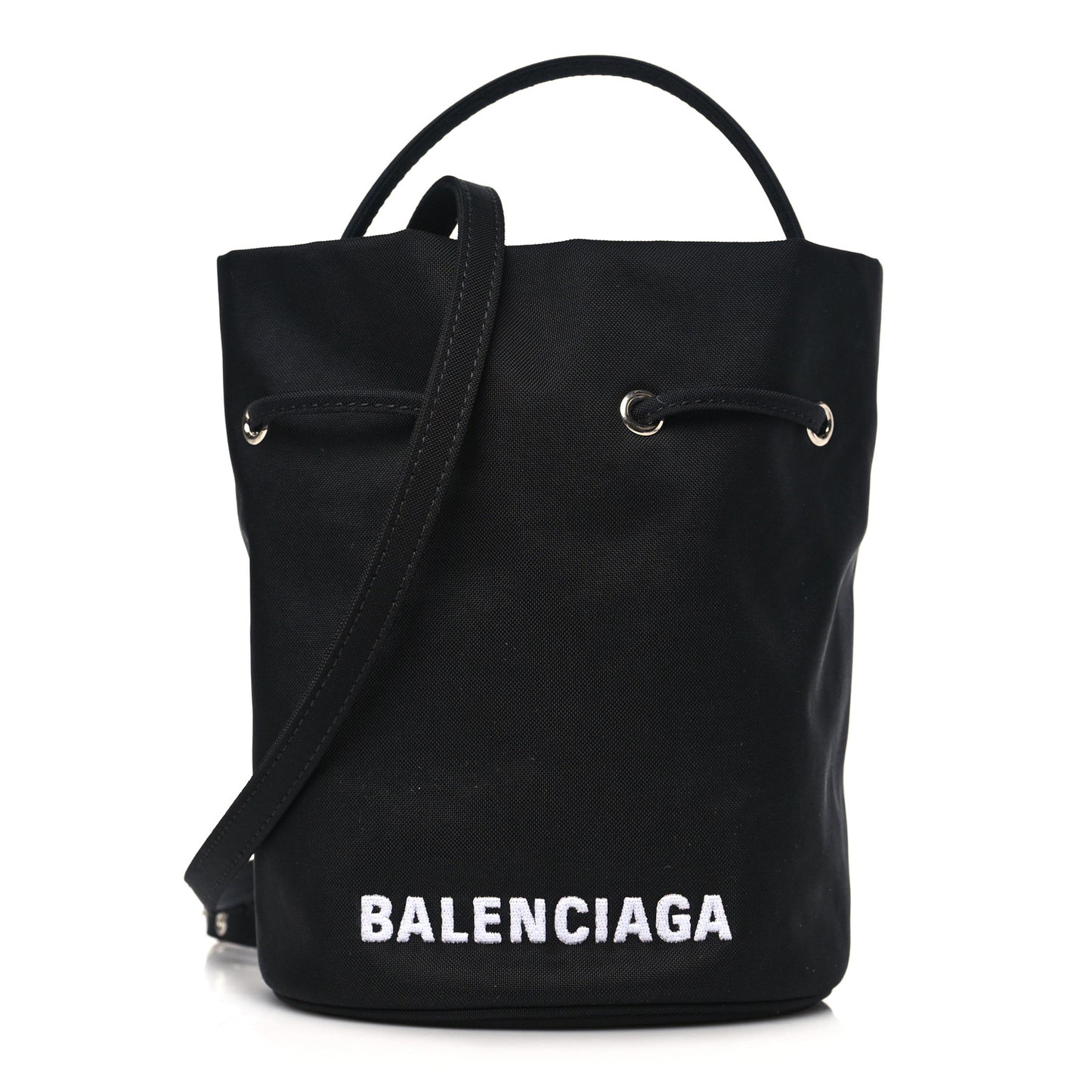 Recycled Sport Nylon Logo Embroidered Wheel Drawstring Bucket Bag Black White