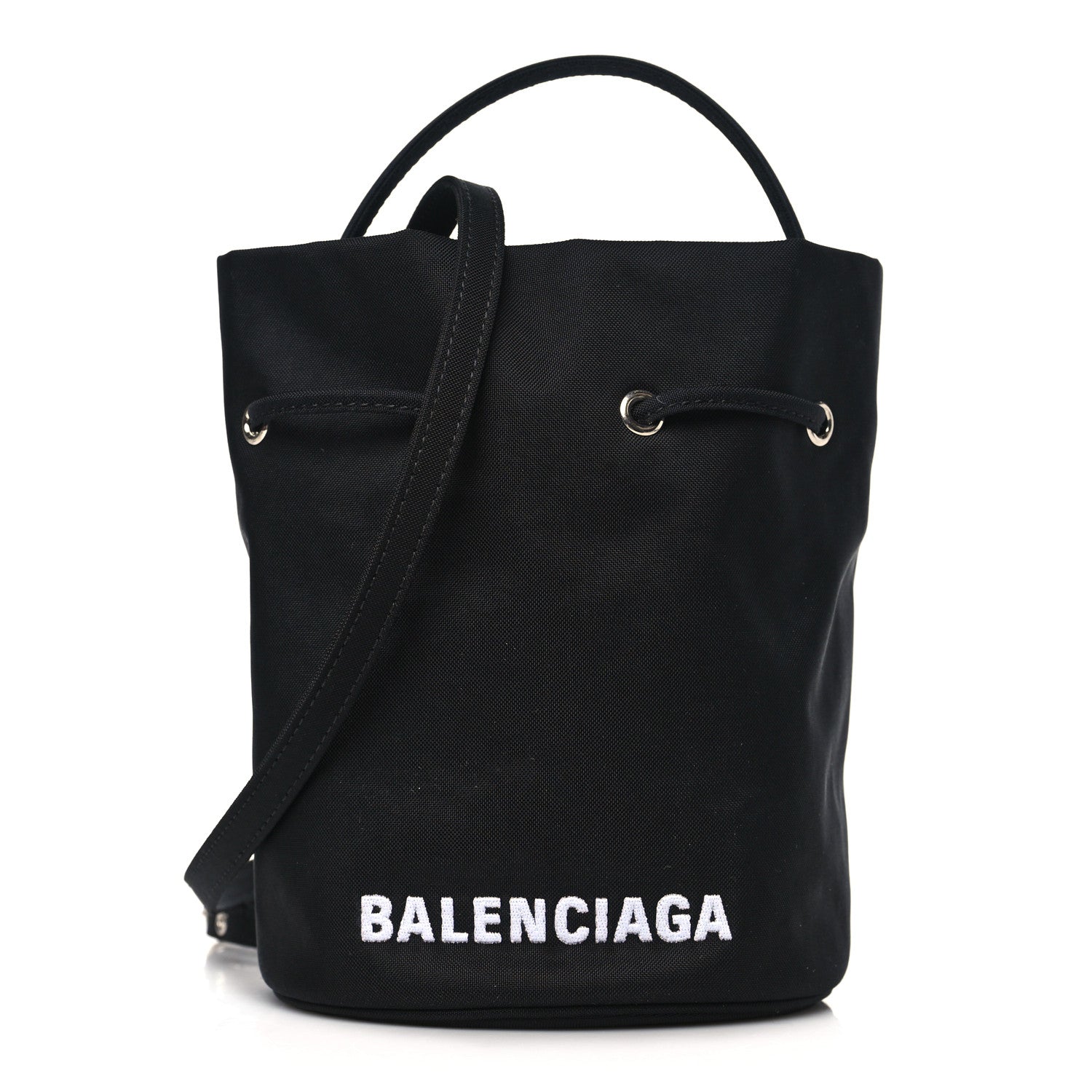 Balenciaga Recycled Sport Nylon Logo Embroidered Wheel Drawstring Bucket Bag Black White 1 of 8