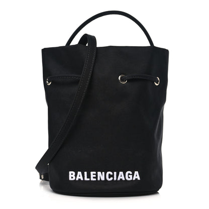 Balenciaga Recycled Sport Nylon Logo Embroidered Wheel Drawstring Bucket Bag Black White 1 of 8