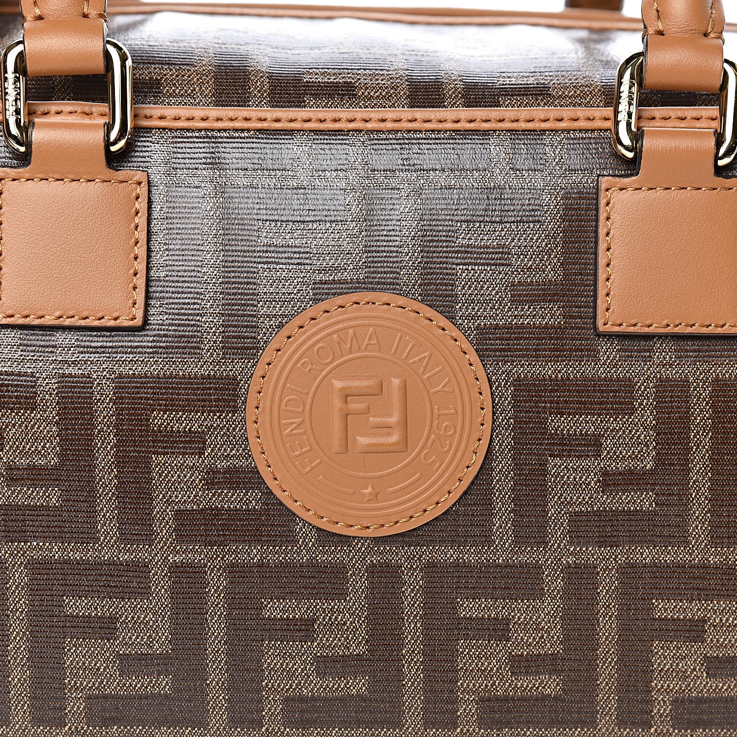 Fendi Glazed Fabric Vitello Century FF 1974 Stamp Patch Small Boston Mogano Panna Caramello 10 of 10