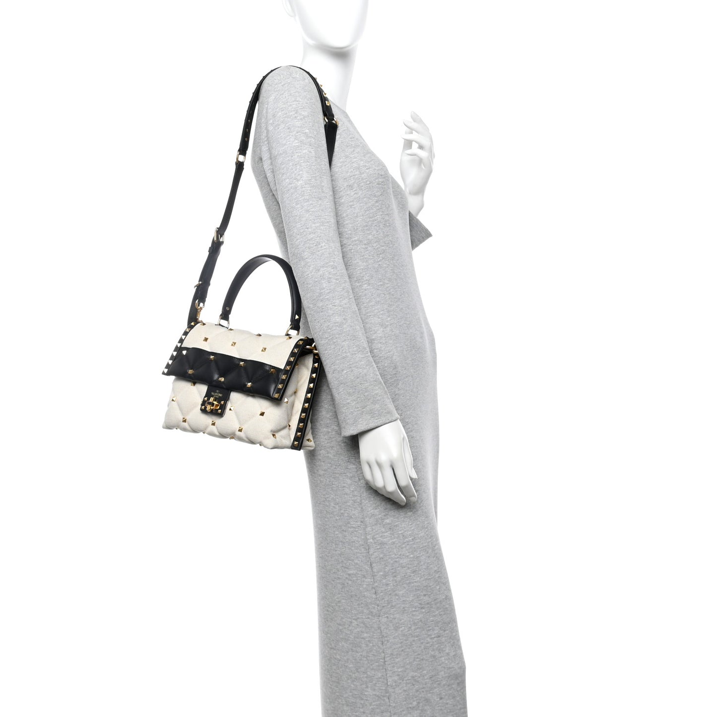 Canvas Calfskin Medium Candystud Top Handle Bag Black Beige