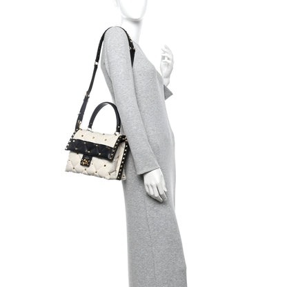 Valentino Garavani Canvas Calfskin Medium Candystud Top Handle Bag Black Beige 3 of 19