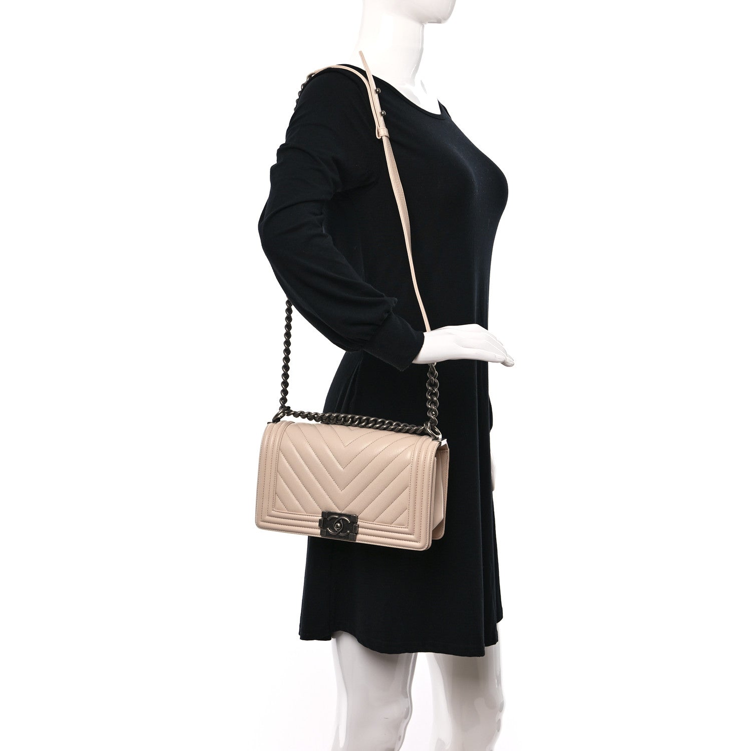 Chanel Caviar Chevron Quilted Medium Boy Flap Beige 2 of 9
