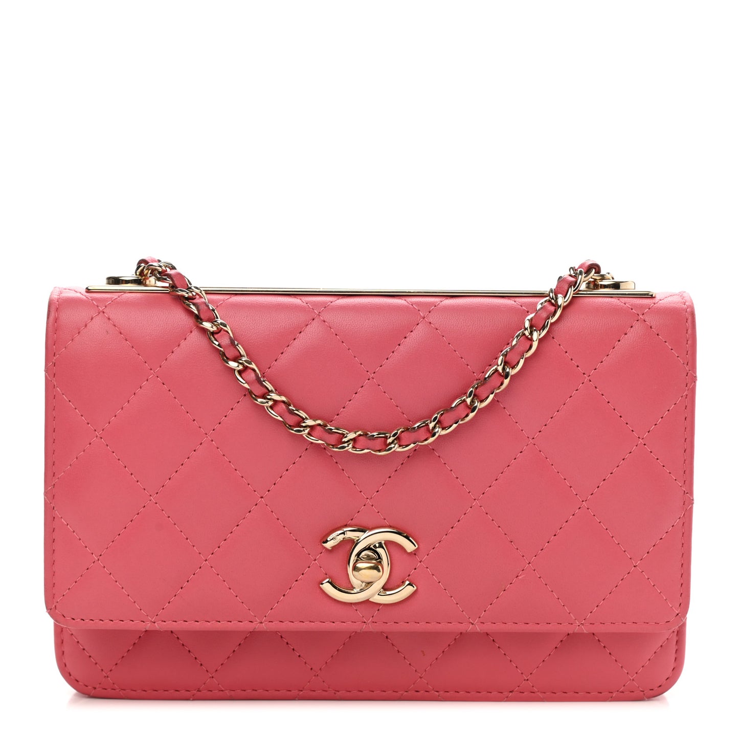 Lambskin Quilted Trendy CC Wallet On Chain WOC Bright Pink