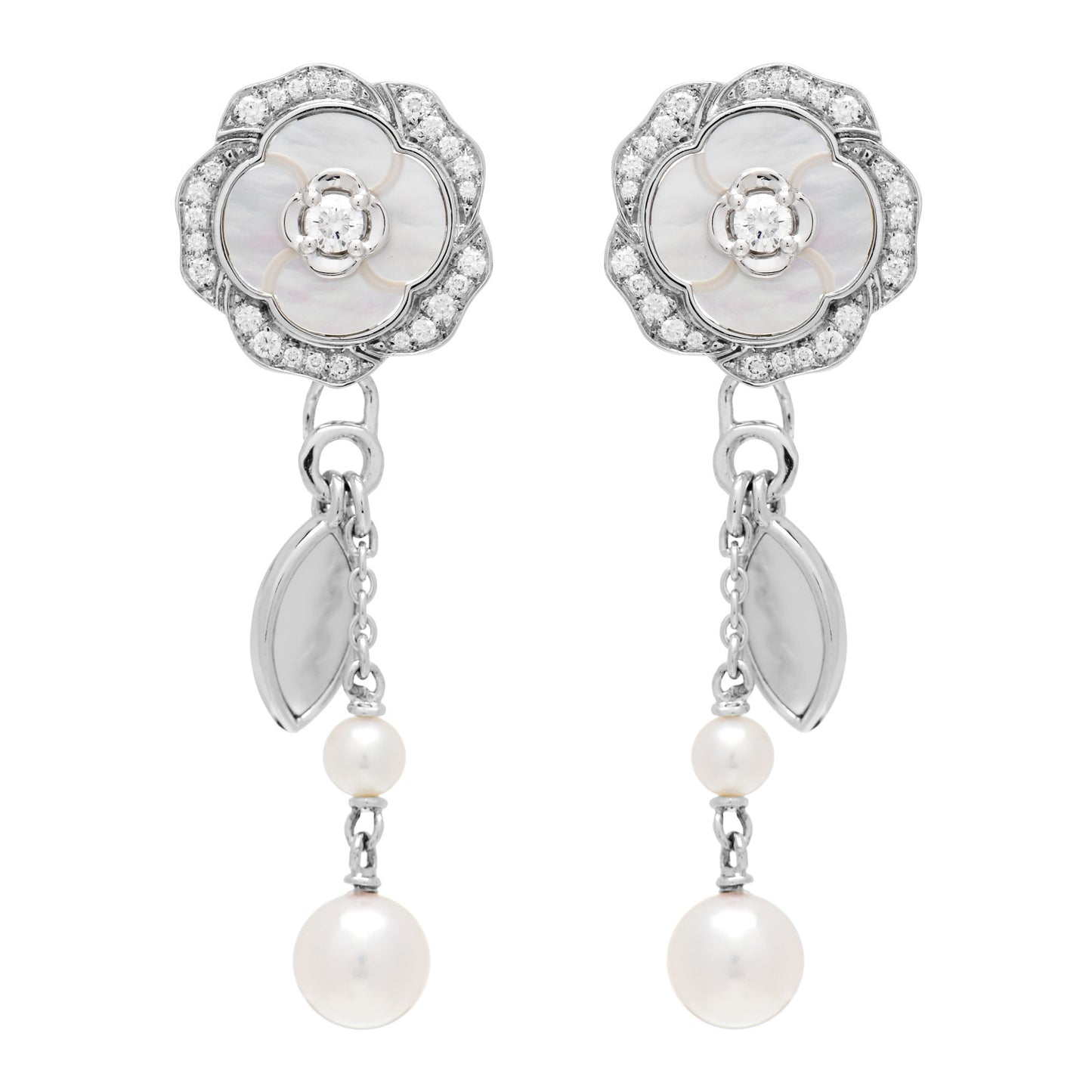 18K White Gold Diamond Pearl Mother of Pearl Bouton De Camelia Transformable Clip-On Earrings