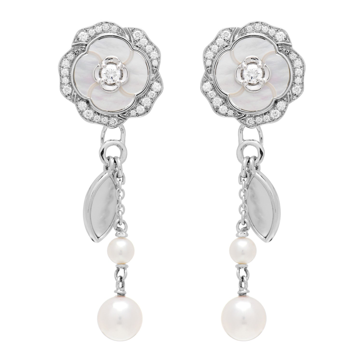 Chanel 18K White Gold Diamond Pearl Mother of Pearl Bouton De Camelia Transformable Clip-On Earrings 1 of 4