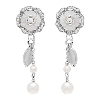 Chanel 18K White Gold Diamond Pearl Mother of Pearl Bouton De Camelia Transformable Clip-On Earrings 1 of 4